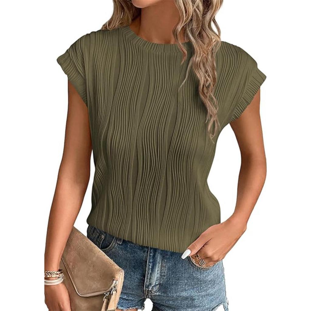 New Women's Solid Textured Crew Neck Loose Short Sleeve T-shirt Top, Casual Casual Top for European American, For Amazon Independent Station