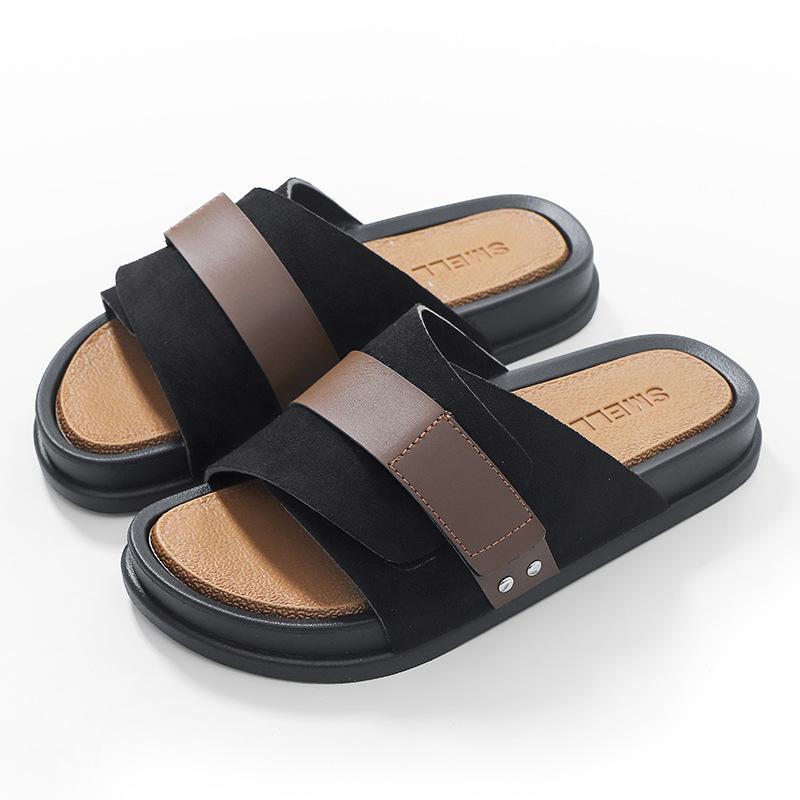 Fashion Casual Slippers for Men Wearing Frosted Leather EVA Pads for Summer Outings, Classic Business Beach Men's Sandals and Slippers