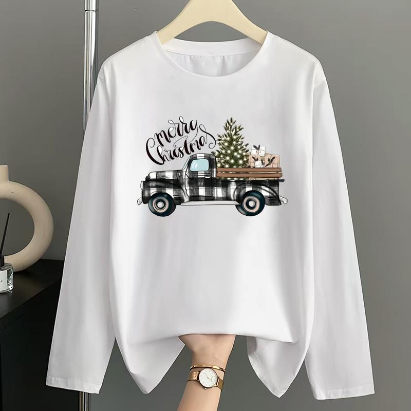 (Asian Size) Christmas New Year Graphic Tee Women Autumn Winter Spring Casual Fashion Top O-neck Clothing Print T Shirt Long Sleeve T-shirts