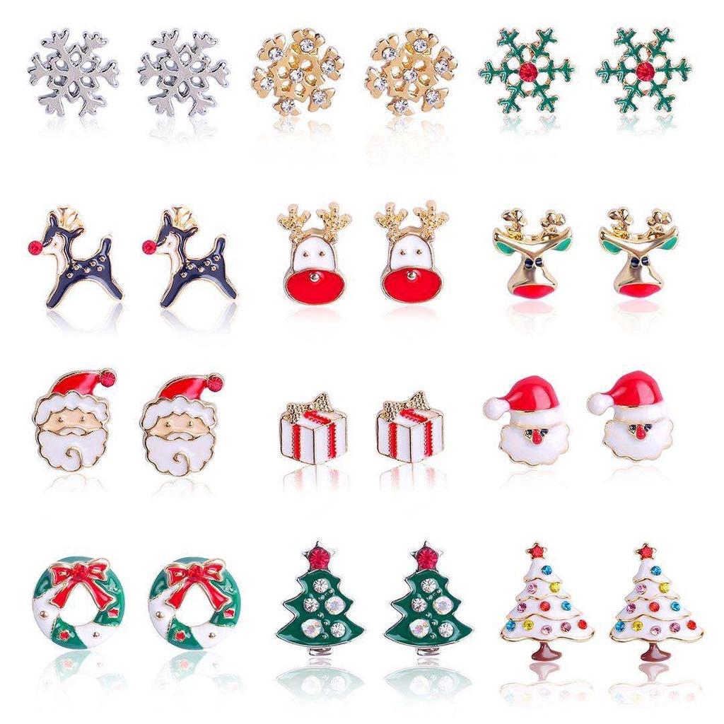 European And American Christmas Earrings Set Sparkling Diamond Snowflake Bell Holiday Ear Accessories