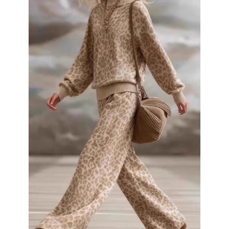 Autumn Winter Fashionable Light Brown Leopard Print Suit Long-sleeved Sweatshirt with Trousers Casual Commuting Women's Set