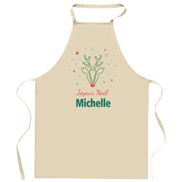 Tablier de cuisine - Joyeux Noël Michelle Cerf - Coton résistant - Impression DTG France - Liens ajustables