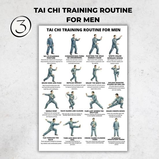 Yousheng 3Pcs Men Tai Chi Training Plan Guide for Posture Correction And Pain Relief Core Strength Flexibility Muscle Endurance Poster No Impact