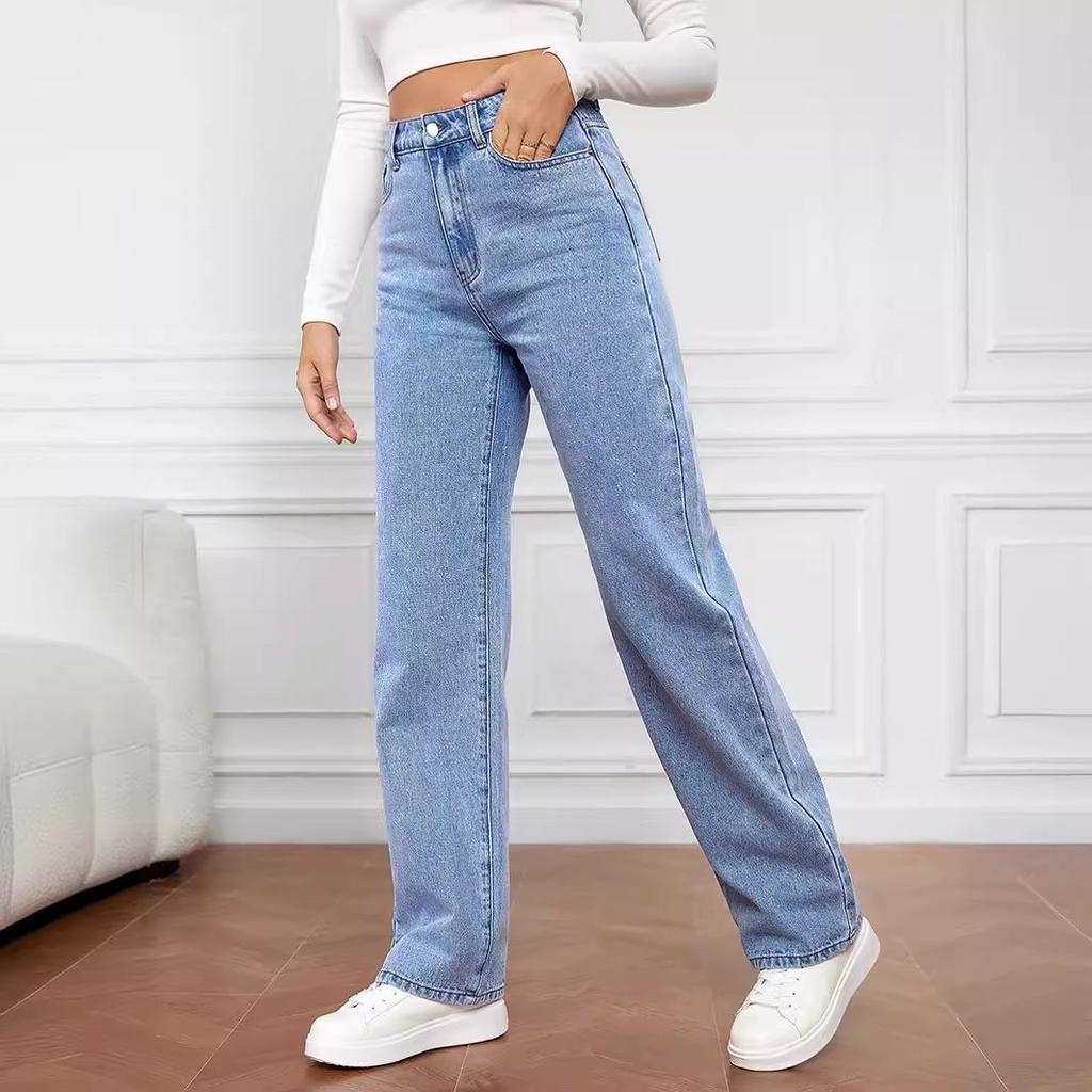 Dames Jeans Rechte Broek Wassen Hoge Taille Losse Zakken Basics Enkellengte Broek Streetwear Lichte Stretch