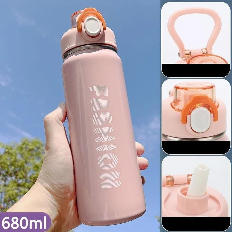680 ml Thermosbecher mit springendem Strohhalm, Edelstahl-Thermoswasserflasche, einfache, tragbare Isolierbecher im Ins-Stil, Trinkgeschirr