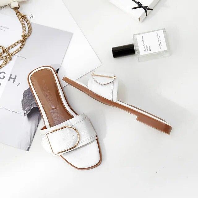 Summer Women Slippers Leather Square Toe Women Flats Flip Flops Designer Ladies Slides Sandals Women Shoes Luxury Sandals