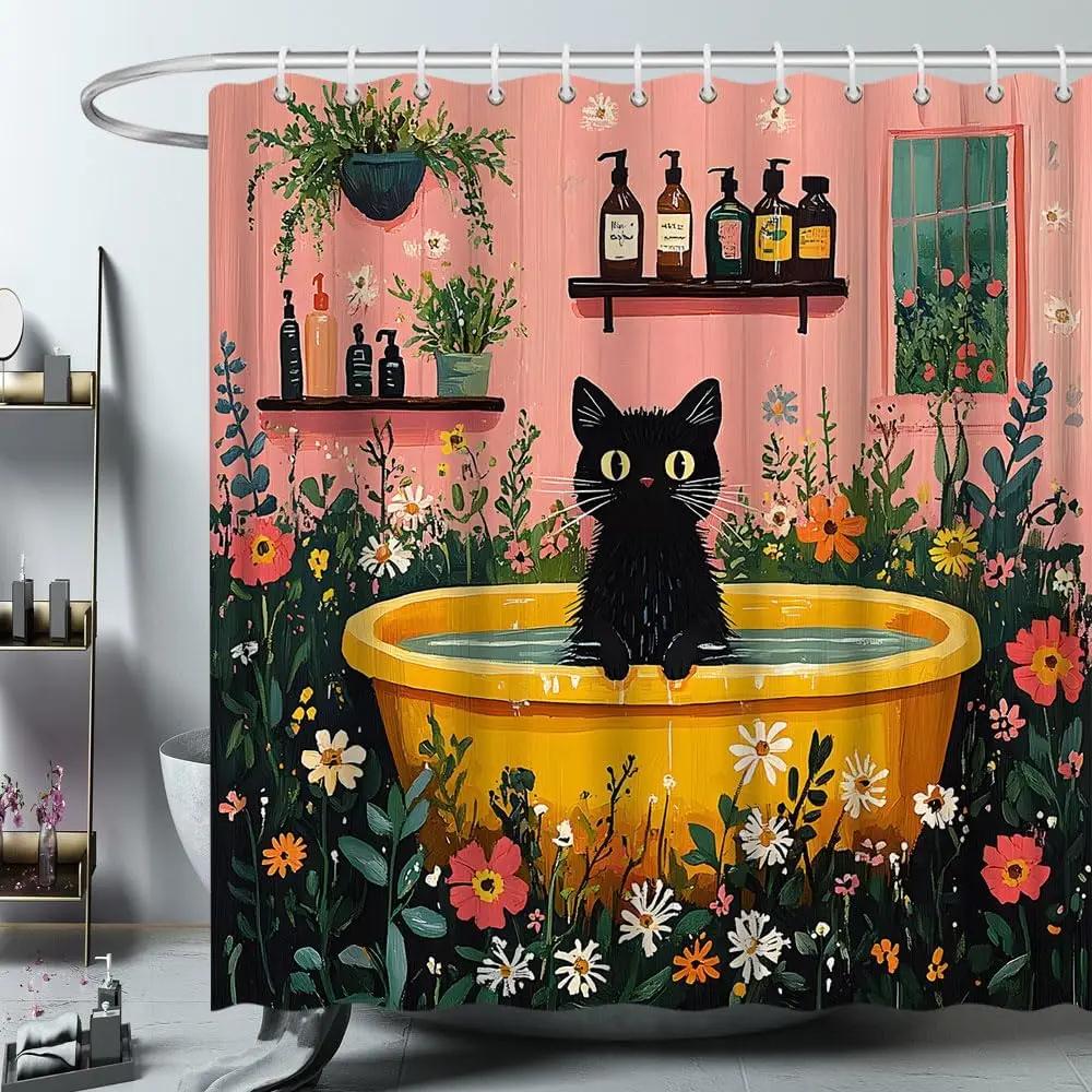 Gatto Nero in Vasca Gialla Tenda da Doccia Giardino Floreale Famiglia di Gatti Divertente Animale Domestico Animale Carino Design Bagno Tende in Poliestere S