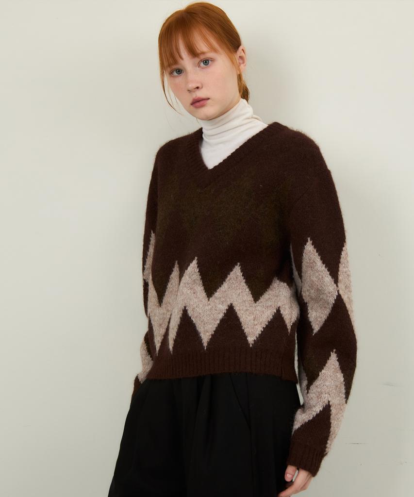 Wednesday Oasis For Woman Always Crop Argyle Hairy Wool Knit 2 Colors