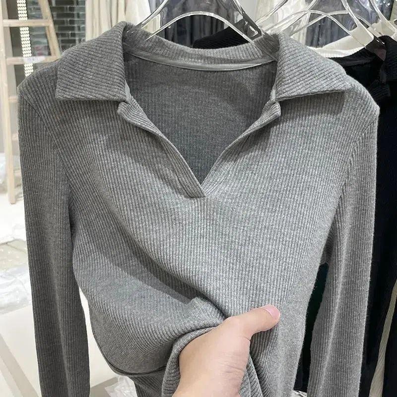 Lapel T-shirt Women's Autumn/winter Knitted Polo Shirt Solid Color Stretch Knit Undershirt Knitted Pullover Sweater