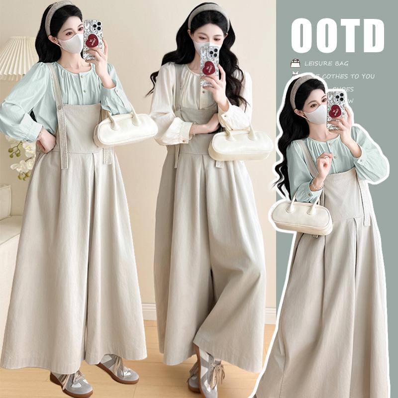 2026 Spring Japanese Style Maternity Overalls Skirt & Shirt Set
