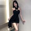 Three-dimensional Butterfly Neck Dress Women's Summer Black Short Skirt Small Hot Girl Skirt Tight Waist Hip Skirt