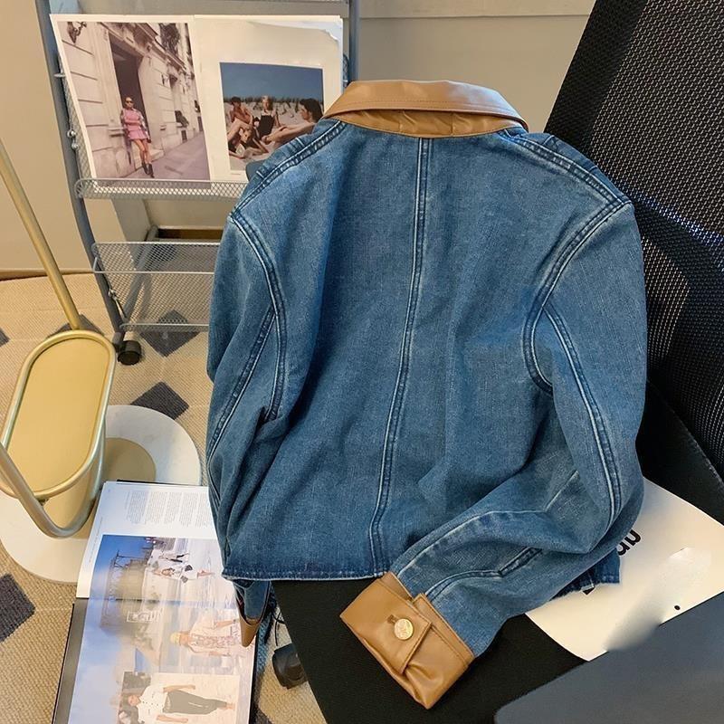 Dámská jarní a podzimní volná džínová bunda s krátkým rukávem v retro kontrastním stylu