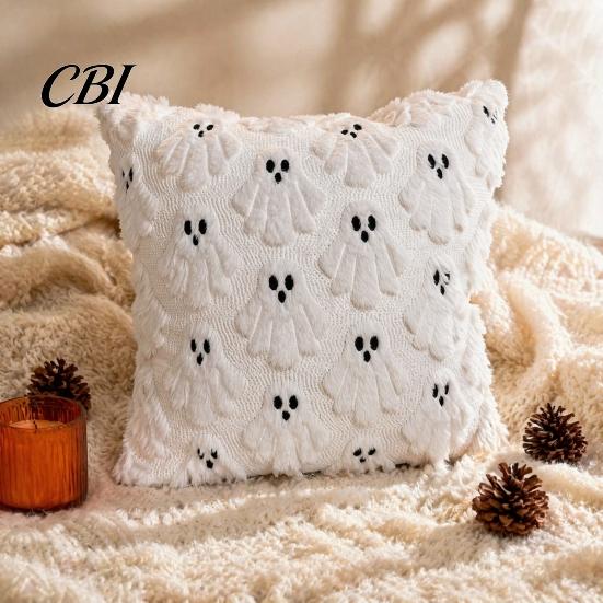 Versatile Square Throw Pillow Covers Halloween Ghost Cushion Cover, Fuzzy 18x18 Inch Washable Plush Case for Sofa Couch Home Holiday Decor Removable