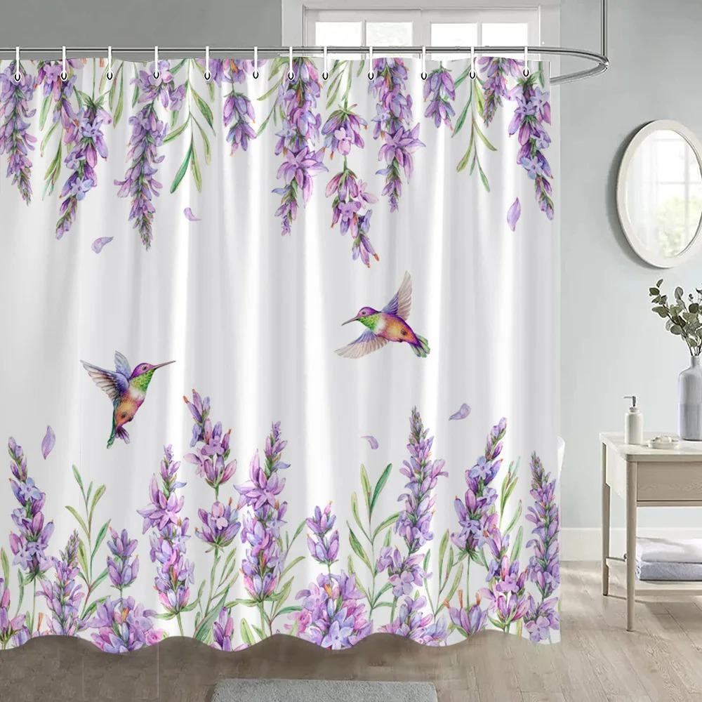 Hummingbirds Shower Curtain White Floral Plant Watercolour Art Modern Simple Fabric Bathroom Curtains Home Bathtub Decor Hooks