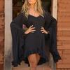 Women V Neck Flared Long Sleeve Mini Dress Solid Color Irregular Ruffle Hem Solid Color Casual Short Vacation Dress