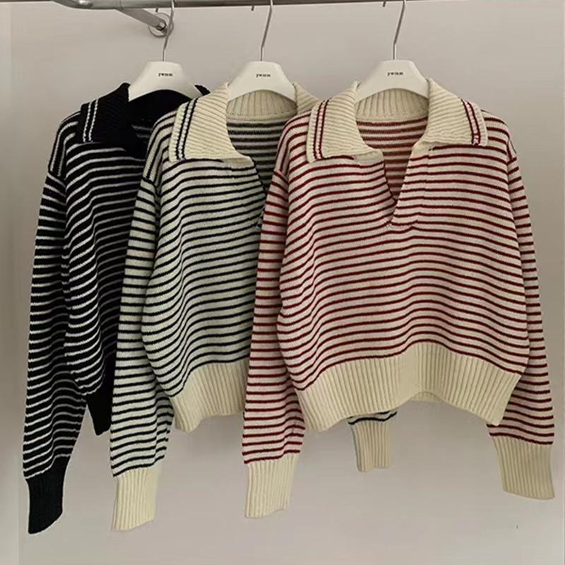 Autumn Women's Sweater College Style Knitted Top Loose Skinny Striped Long Sleeve Pullover Sweater