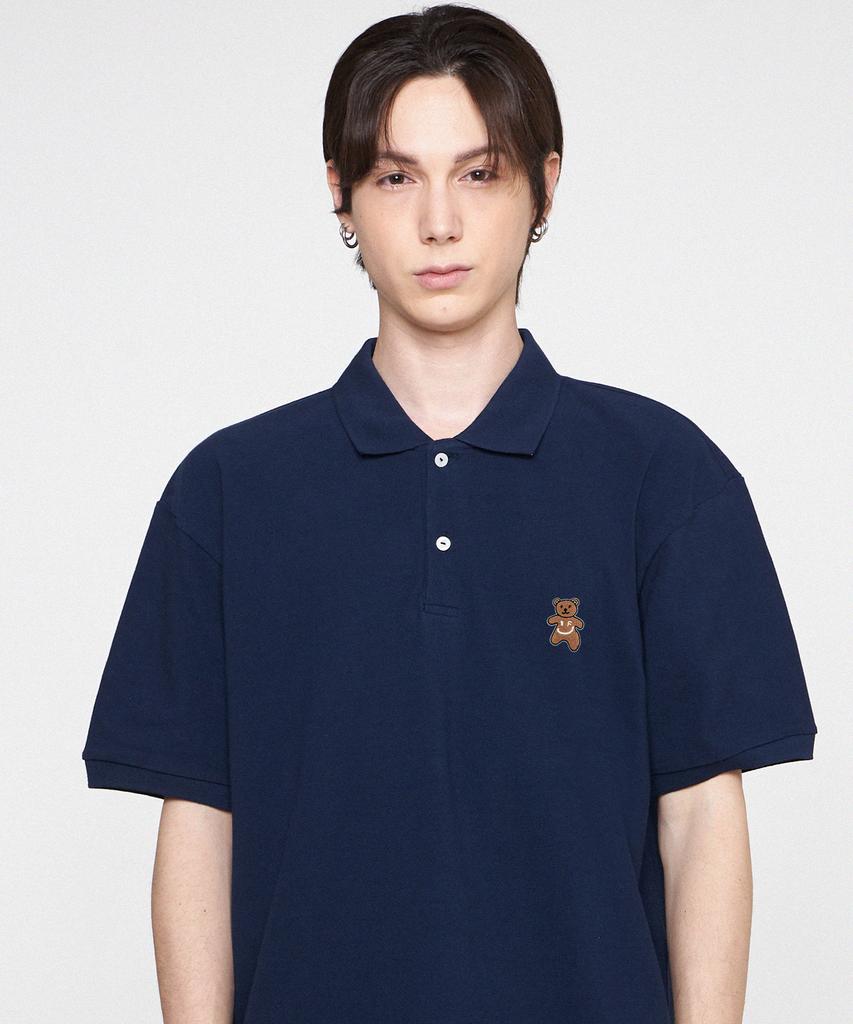 GRAVER [Unisex] Bear Embroidered Pique Short Sleeve T-Shirt_Navy