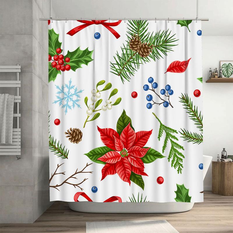 TU Christmas Shower Curtain Festive Holiday Decor Farmhouse Bathroom Fabric Backdrop Winter Themed Xmas Pattern Home Decor