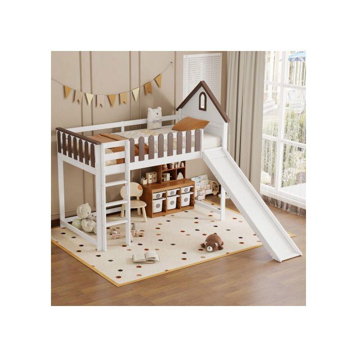 Raised Bed - MUVOE - 90x200cm - White + Walnut - Straight Ladder - Slide