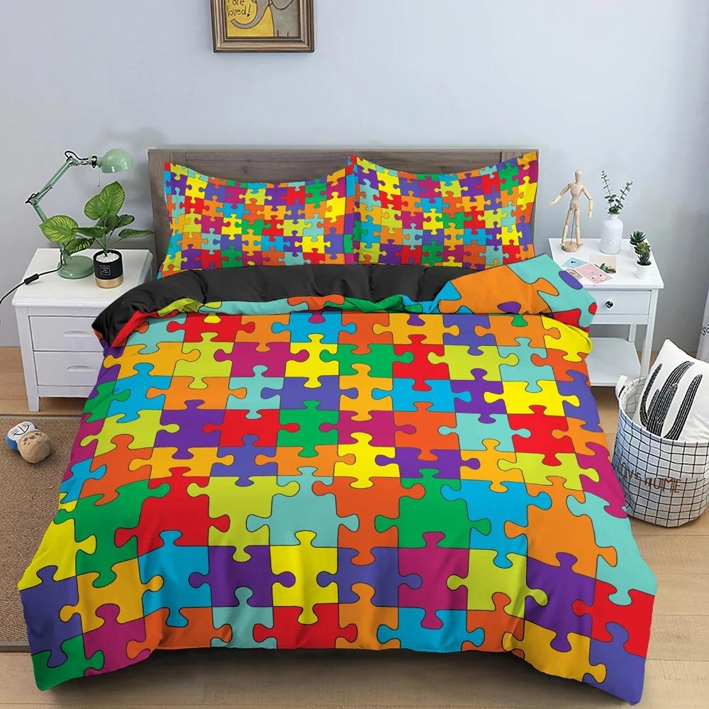 3D Print Colorful Puzzle Duvet Cover King Queen Geometric Figure Quilt Cover Simple Polyester Bedding Set for Kids Boys Girls