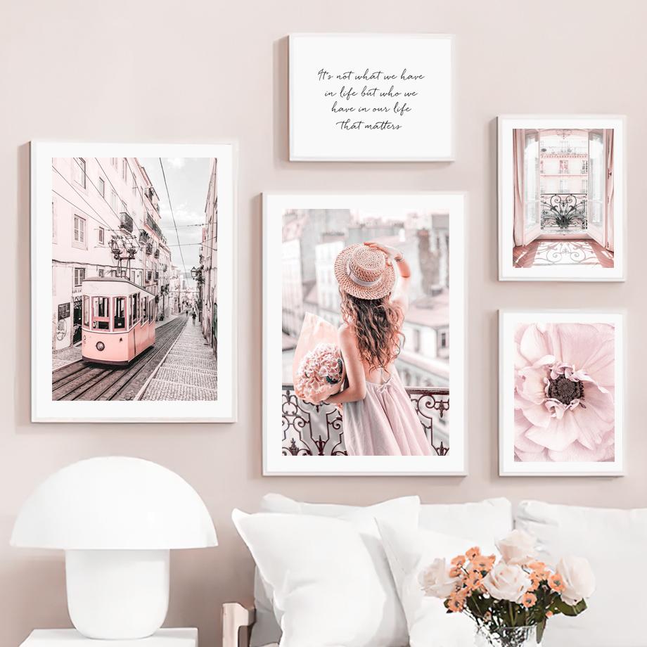 Toile d'art mural avec ballon de Tram, fleur Rose, tour de Paris, peinture, affiches et imprimés nordiques, images murales pour décor de salon