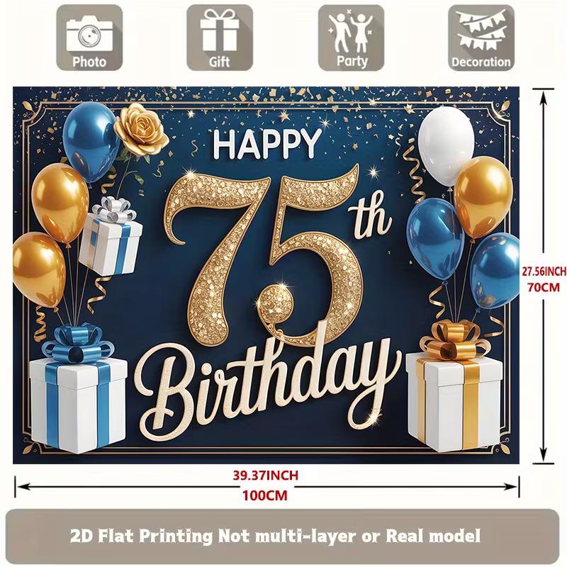 Elegant 75th Birthday Backdrop, Sophisticated Navy Blue and Gold Design with Balloons and Gifts, Festive Milestone Party Wall Decor