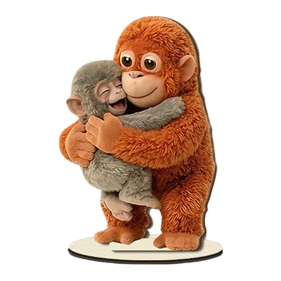 Cute Monkey Table Sign 2D Baby Monkey Holding Plush Toy Wooden Desktop Ornaments for Home Office Decor Heartwarming Gifts for Friends