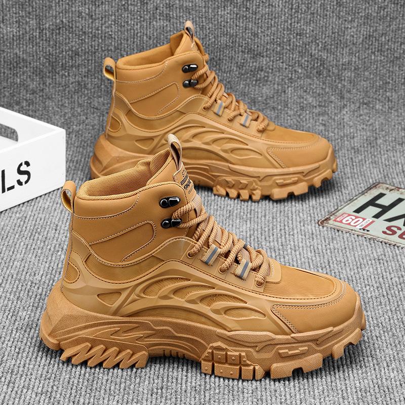 Moda 2024 Nowe Jesienno-Zimowe Męskie Buty High-top na Grubej Podeszwie Casualowe Outdoorowe Robocze Kowbojki Modne Retro Buty Męskie na Platformie
