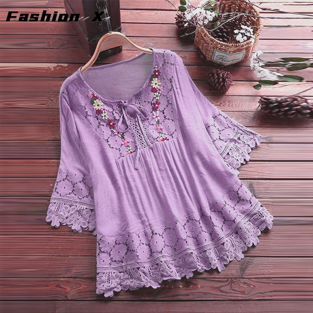 Women's T-shirt Lace Embroidery Flower Loose Large Size Half Sleeve Shirt