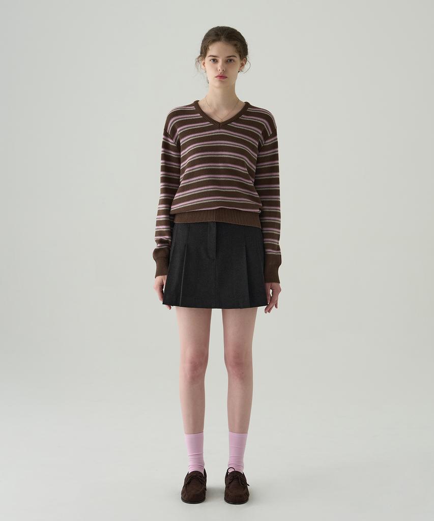 Deuloupisumeon Ripple Stripe Cotton V-Neck Knit [Brown]