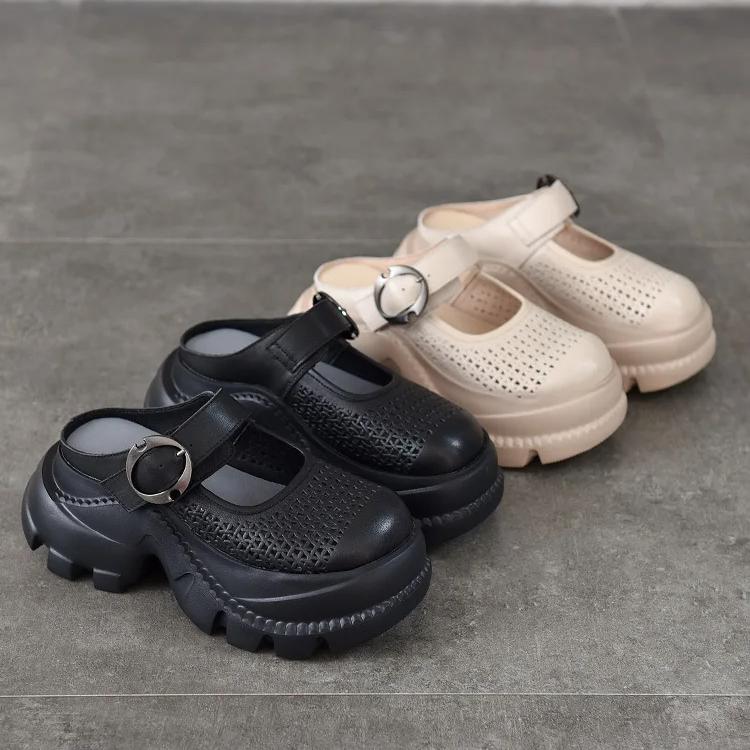 Johnature Mules Légères à Semelles Épaisses et Bout Rond en Cuir Véritable Découpées Respirantes Chaussures pour Femmes