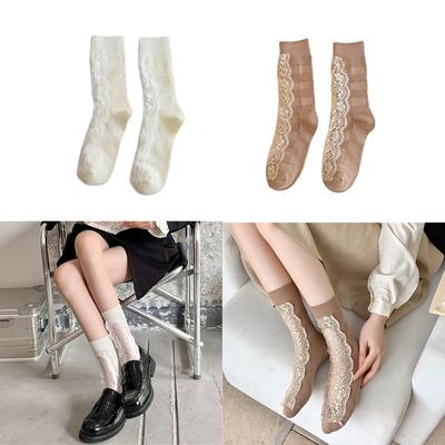 Fashion Solid Color Cotton Calf Socks French Style Women Girls Cute Hollow Out Lace Splicing Princess Middle Tube Socks