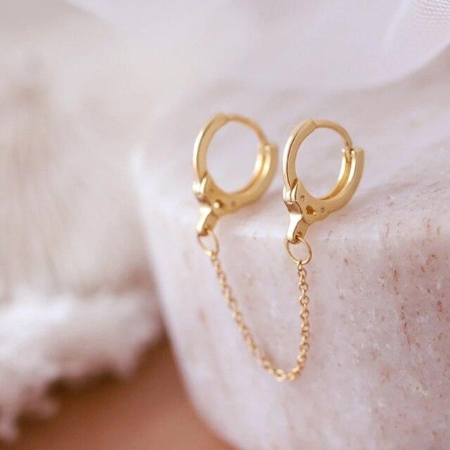 1 Pcs 925 Sterling Silver Double Lock Link Chain Tassel Stud Earrings For Women Girls Party Female Pendientes Eh792
