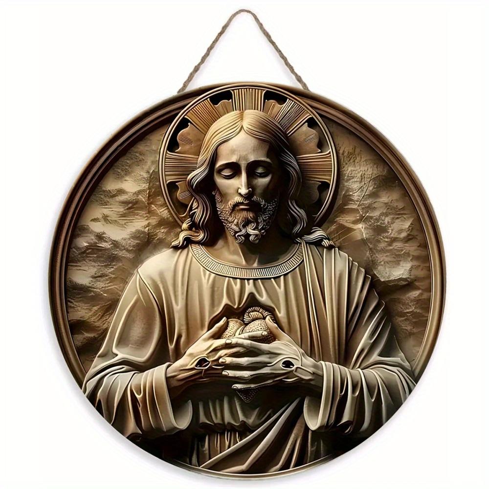 1 panneau rond en bois plat 2D vintage unique Jésus-Christ artistique - 20 cm pour maison, salon, bureau, bar, café, garage, décoration de vacances