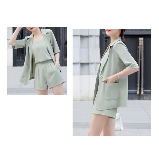 Women 3 Piece Blazer Outfit Short Sleeve Open Front Blazer Sleeveless Tank Top Shorts Set One Button Suit Jacket Business Set