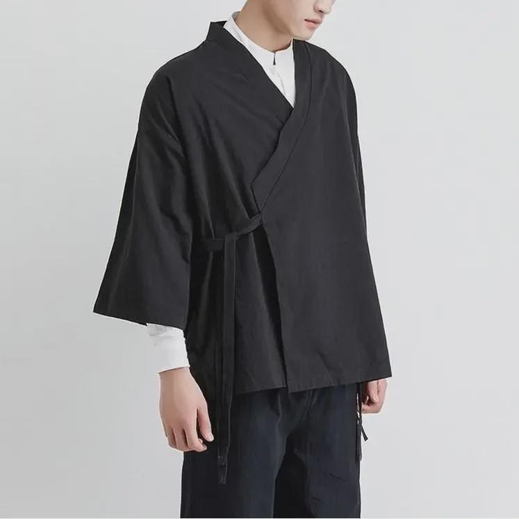 Men's Loose Hanfu Cardigan: Ancient Chinese Buddhist & Taoist Style with Three-Quarter Sleeves