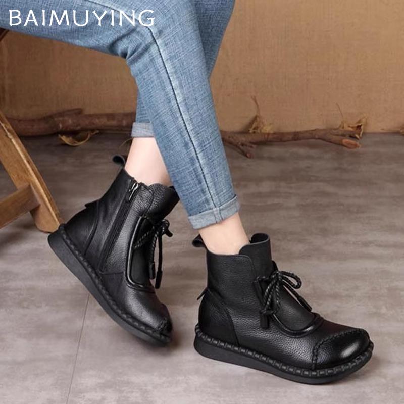 Γυναικείες φλατ Μποτάκια Δερμάτινα Lace Up Σχεδιαστικά Casual Παπούτσια Κλασικά παπούτσια Oxford Trend Winter New Cozy Botas De Mujer