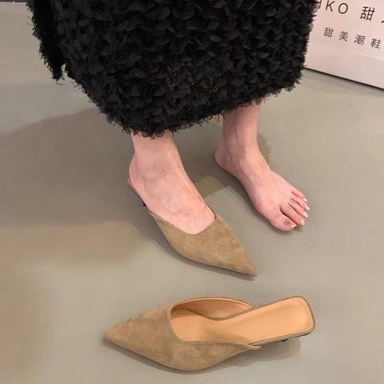 2025 Spring New Bag Head Half Slippers Women's Versatile Thick Heel Low Heel Leopard Print Lazy Pointed Head Shallow Mouth Single Shoes Trendy Girl