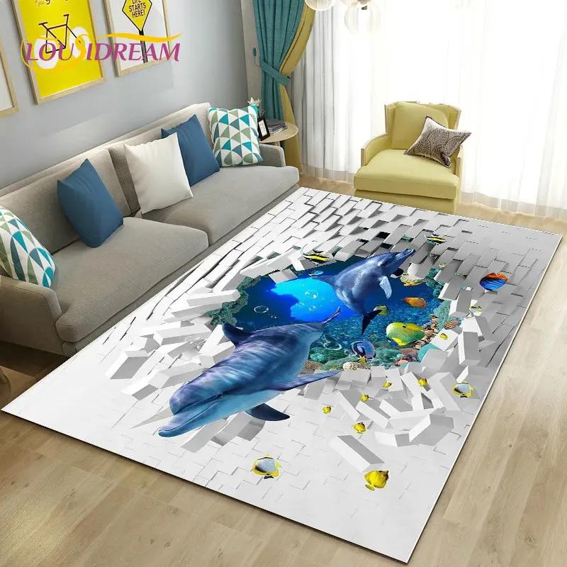 3D Seabed Illusion Underwater World Dolphin Shark Area Rug ,Carpet Rug for Living Room Bedroom Sofa Doormat Non-slip Floor Mat