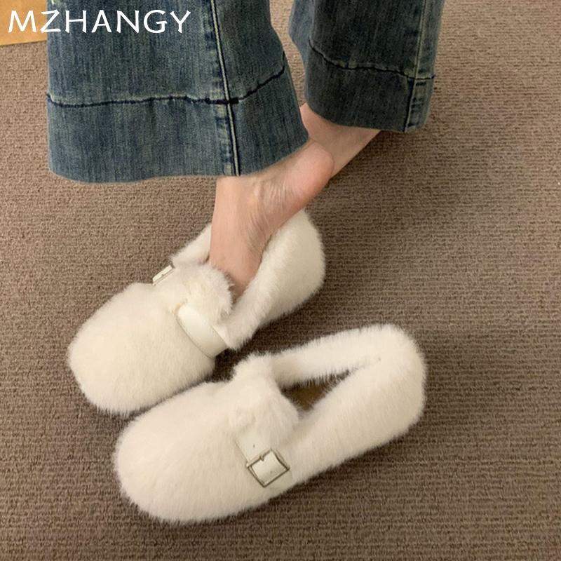 Fashion Women Fur Loafers Shoes Casual Flats Cotton Shoes Woman 2025 Trend Fashion Winter Warm Walking Mary Jane Shoes Zapatillas Mujer