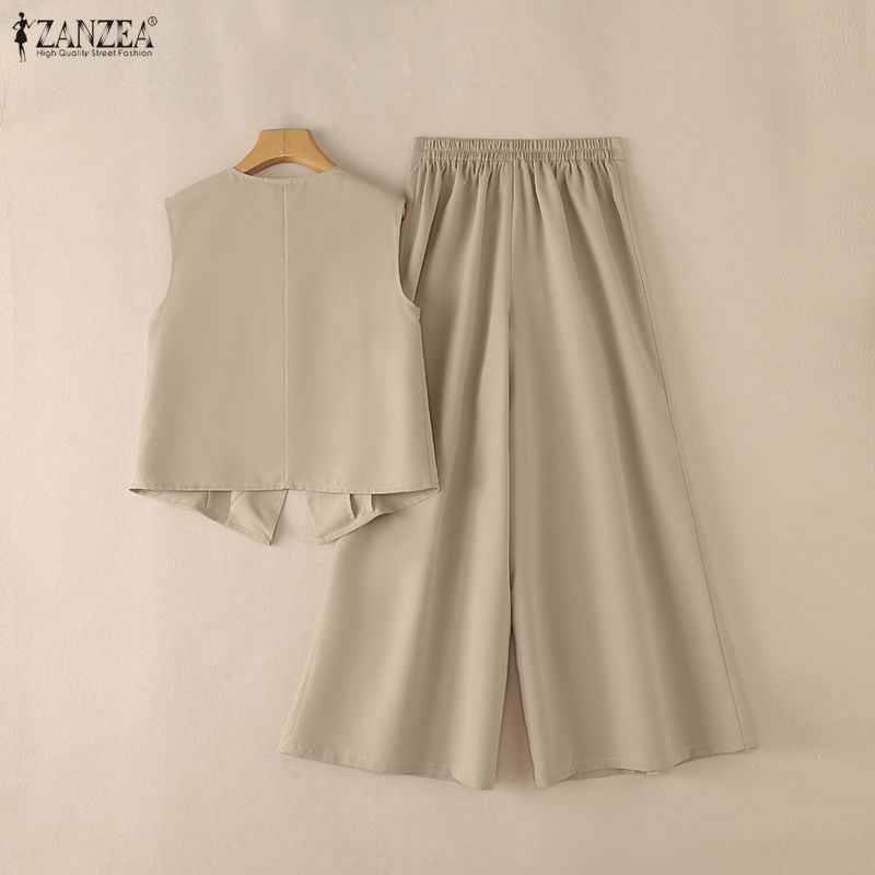 ZANZEA Women Sleeveless Vest Tops and Wide Leg Pants Casual Two Piece Sets