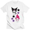 Womens Top Sanrio Anime Melody and Black Rice Fun Printed Unisexs and Womens Cotton Casual Y2K Womens Round Neck Tshirt