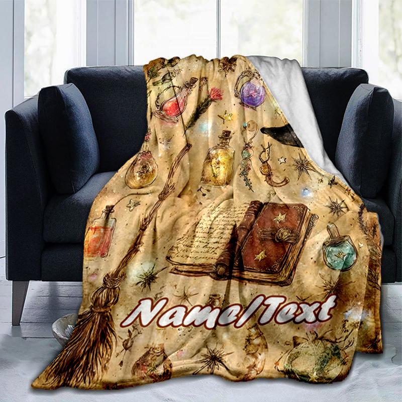 1PC Custom Name Witchcraft Spell Book Outdooor Flannel Blankets Throw Blanket All-Season Throw Gift Bedspread for Couch, Bed, Camping Holiday Birthday