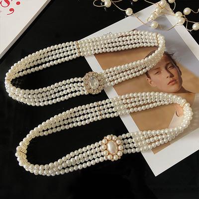 Pearl Belt Women'S, Decorative Women'S Waist Chain Simple Rhinestone Beaded Elastic Waist Seal