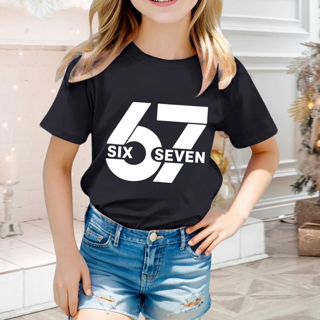 Mode Minimalistisk Nummer 67 T-shirt för Barn Sommar Vintage T-shirts Rund Hals Hippie T-shirts Överdimensionerad Avslappnad Topp Kläder