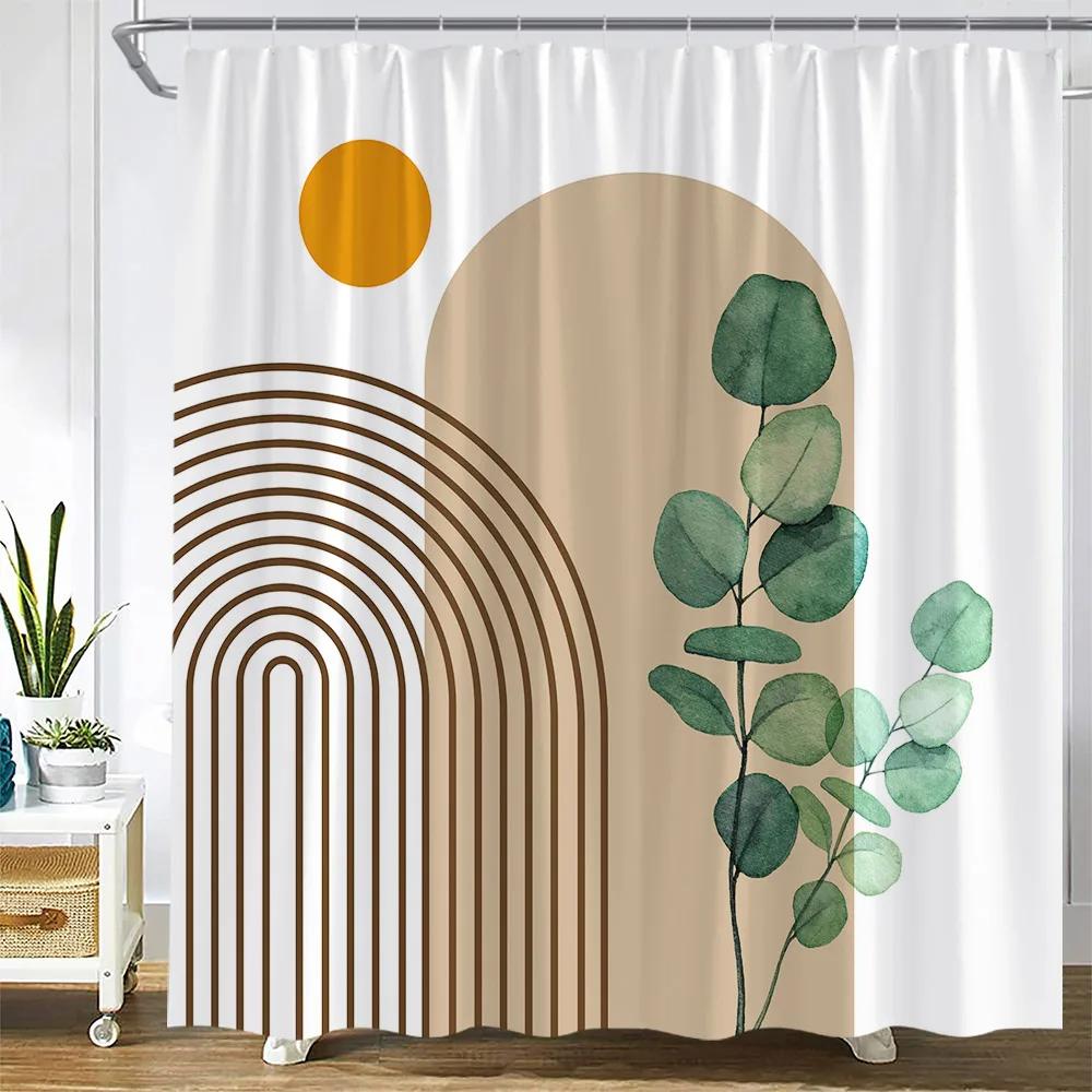 Abstract Mid Century Shower Curtain for Bathroom Decor Modern Boho Minimalistic Semicircle Curve Aesthetic Fabric Bath Curtains