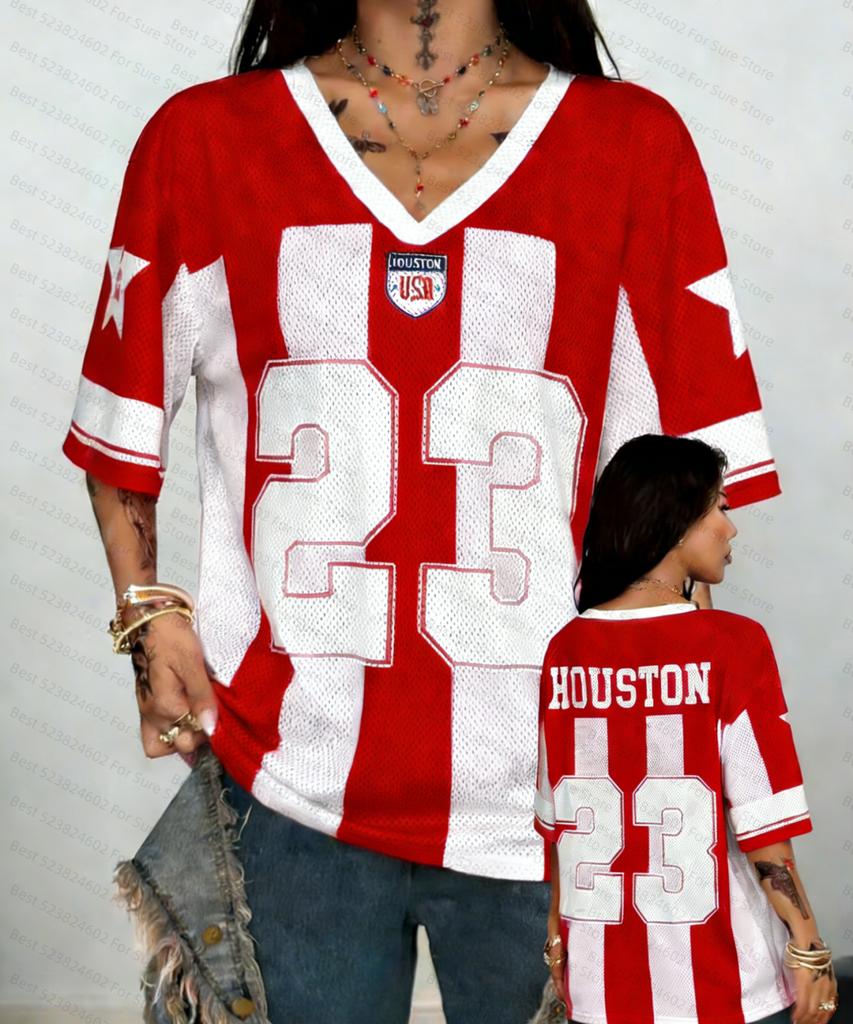 Women's Pink Striped Number Pattern Jersey T-Shirt, Short-Sleeve Loose Mesh Casual Top