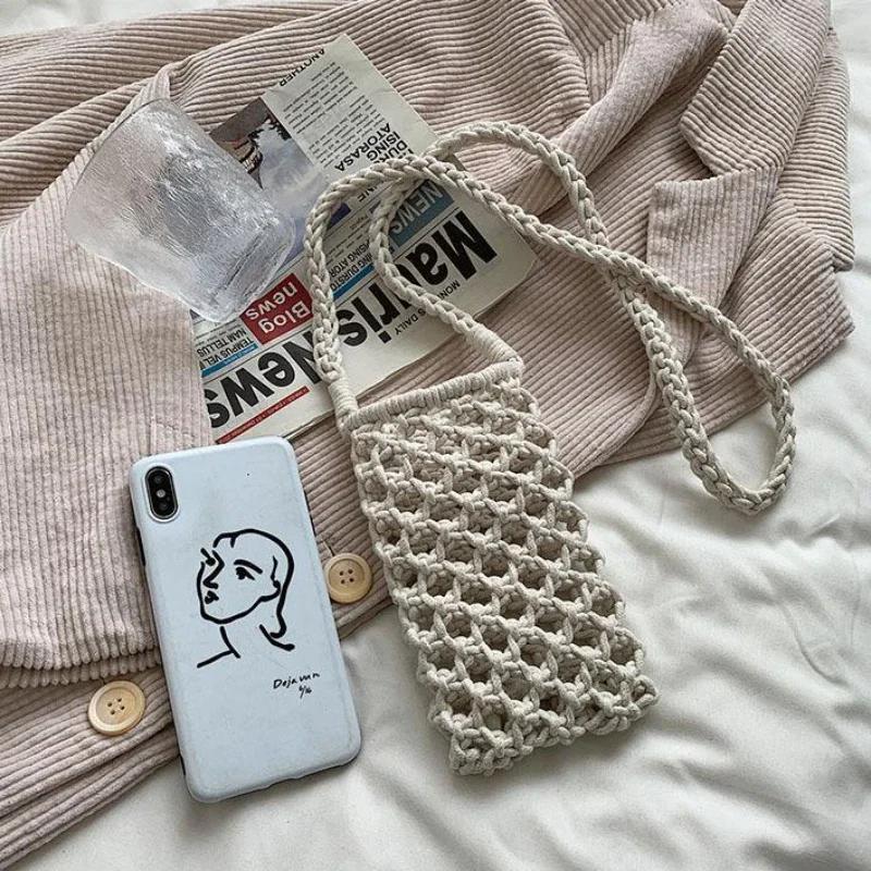 Damenmode Kleine Umhängetasche für Handy Einfarbig Gehäkeltes Aushöhlmuster Leichtgewichtige Geflochtene Schulterhandtasche Umhängetaschen