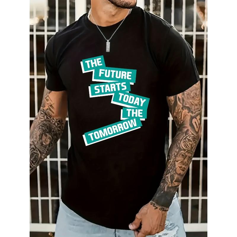 European Size Letter Print T-shirt, Men's Casual Street Style Stretch Round Neck Tee Shirt For Summer