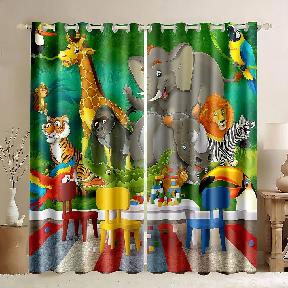 Safari Animals Cartoon Jungle Forest Window Curtains Blinds For Living Room Kids Bedroom Bathroom Kicthen Door Home Decor 2Pcs